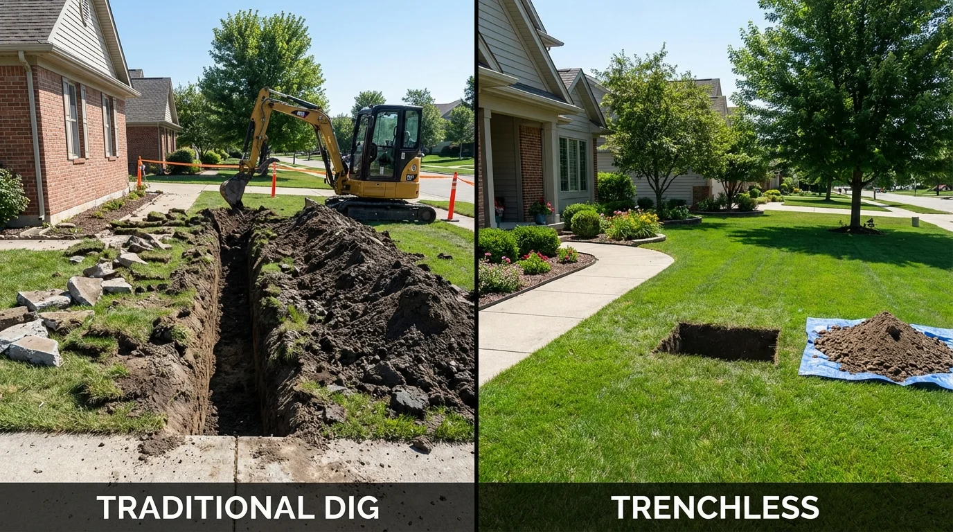 Trenchless sewer repair with minimal yard damage versus traditional excavation in Canton, MO