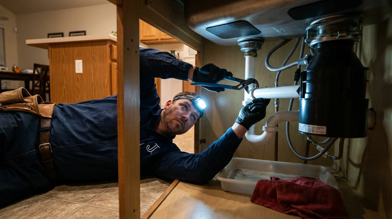 P-trap and supply line connections under a kitchen sink showing a common leak point in Canton, MO